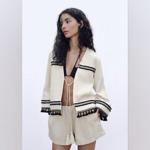 ZARA cream/black fringe boho jacket, small